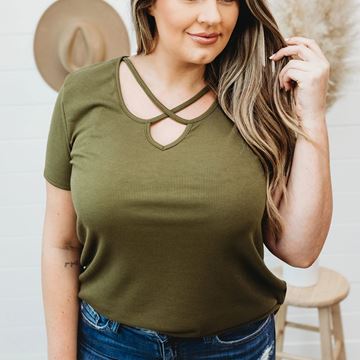 Picture of PLUS SIZE KHAKI CRISSCROSS RIBBED KNIT TSHIRT